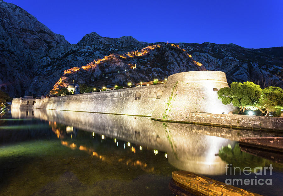 Kotor old town fortification at night Photograph by Didier Marti