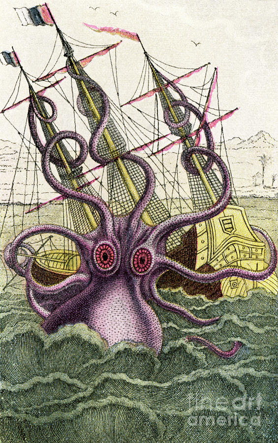 Kraken sea monster attacks a ship Drawing by Mary Evans Picture Library