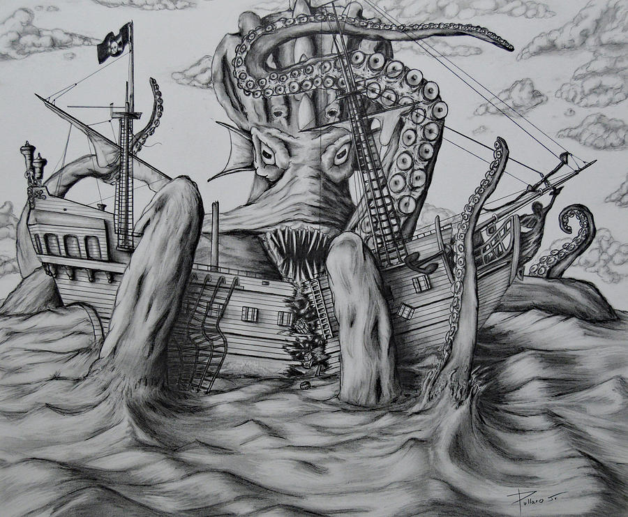 Kraken Drawing by William Pullaro Jr