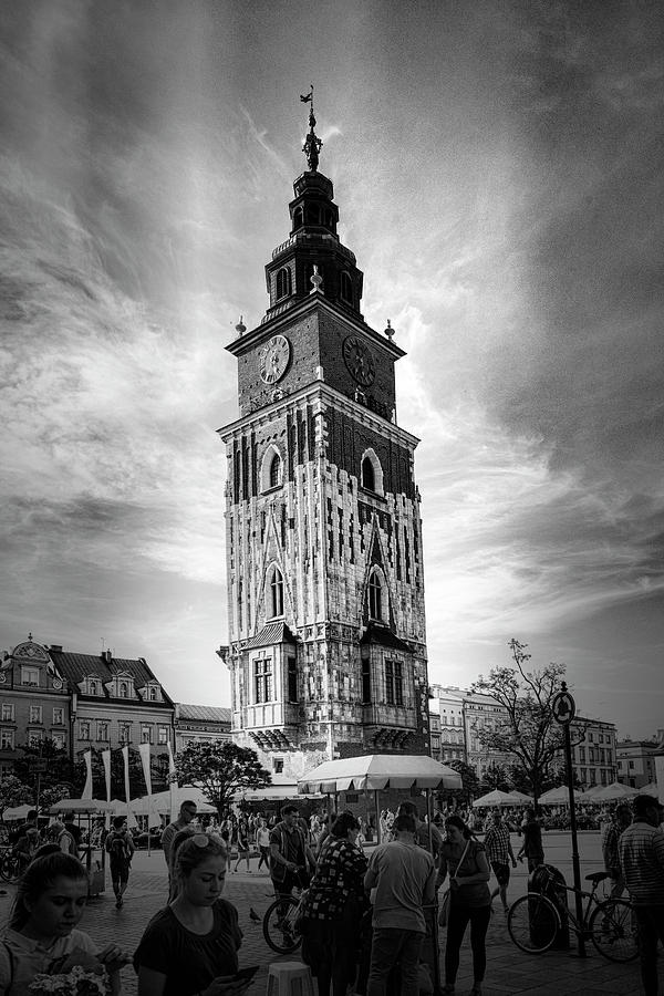 Krakow Town Tower Black and White Photograph by Sharon Popek