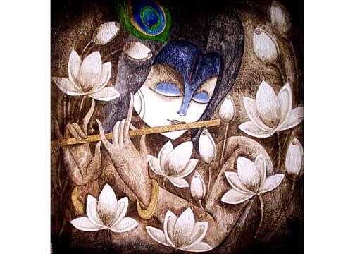 Lotus Painting - Krishna In Lotus by Mukesh Mandal Lotus Painting - Krishna In Lotus by Mukesh Mandal
