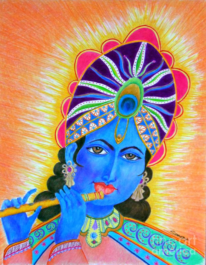 Krishna -- Colorful Portrait of Hindu God Drawing by Jayne Somogy