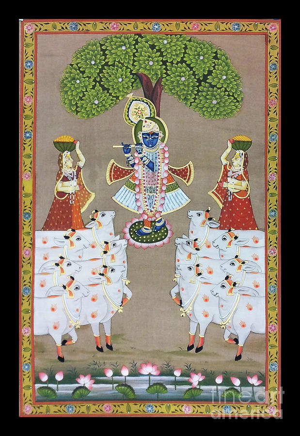 Flower Painting - Krishna playing his flute under the tree of life by The Kaarigars