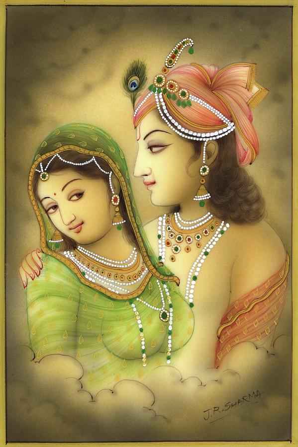 Krishna Radha Handmade Painting Hindu Religious God Goddess Watercolor Image Art 