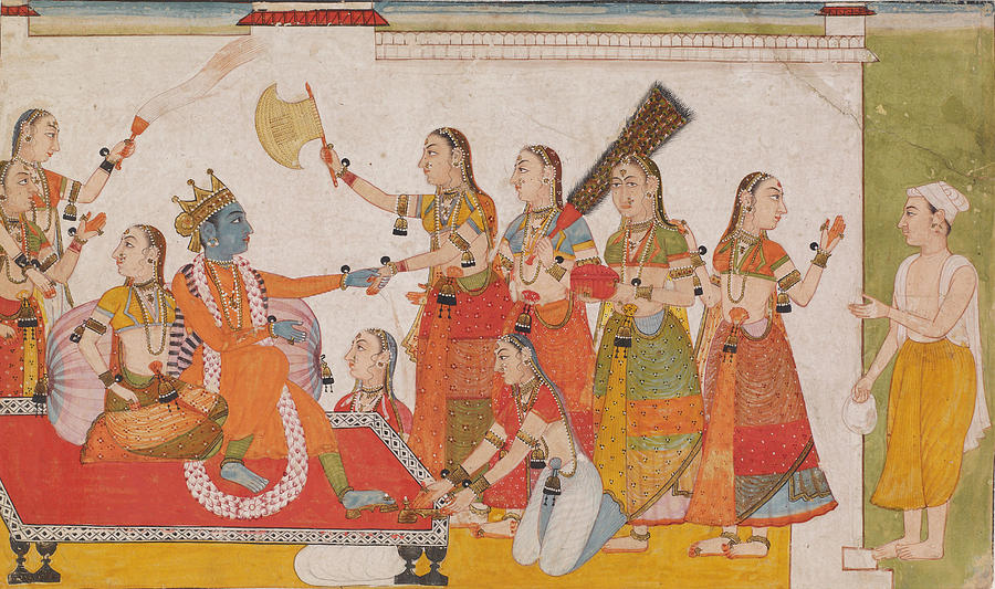 Krishna welcoming Sudama from a Bhagavata Purna Painting by Unknown