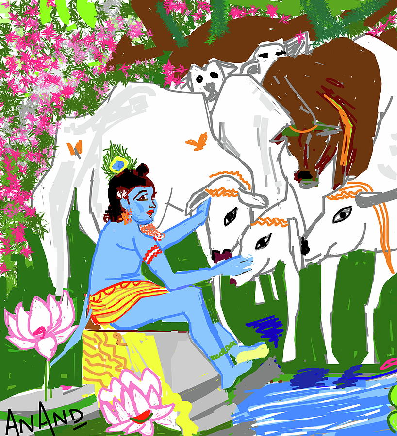 Krishna With Cows-d Digital Art by Anand Swaroop Manchiraju