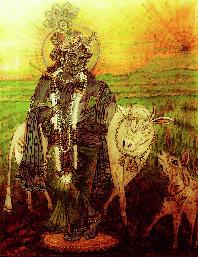 Cow Digital Art - Krishna with cows by Michael African Visions