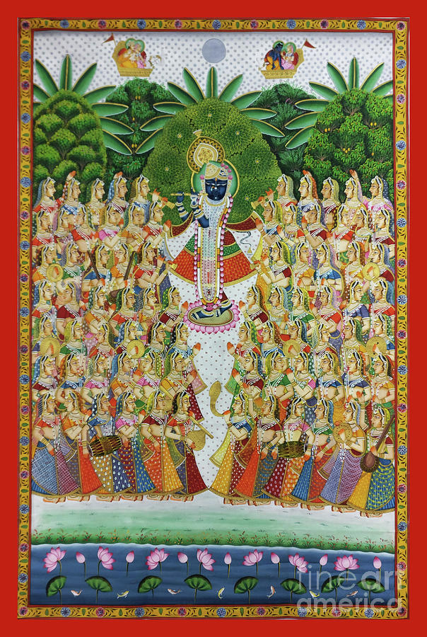 Flower Painting - Krishna with Gopis in Vrindavan by The Kaarigars