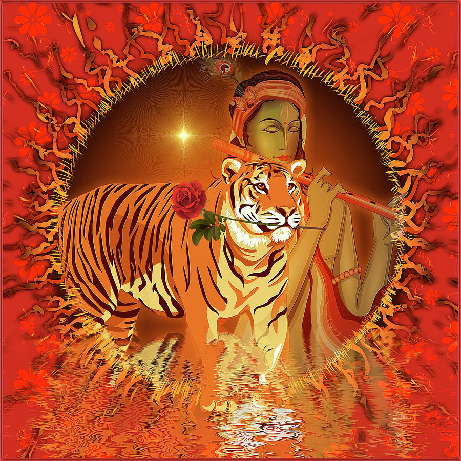 Krishna with tiger Digital Art by Harald Dastis