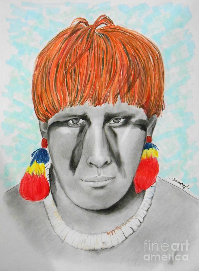 Kuikuro from Brazil -- Portrait of South American Tribal Man Drawing by Jayne Somogy