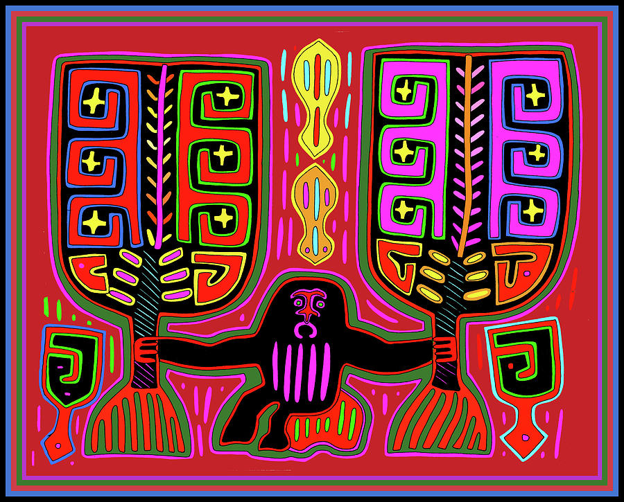 Kuna Indian Mola Man with Fans Digital Art by Vagabond Folk Art - Virginia Vivier