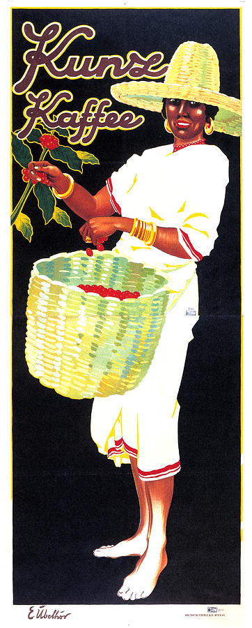 Vintage Mixed Media - Kunz Kaffee - Coffee Picker Girl - Vintage Coffee Advertising Poster by Studio Grafiikka