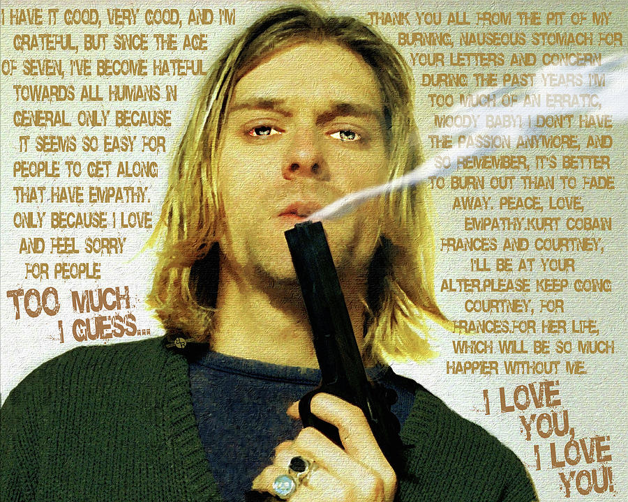 Kurt Cobain Painting - Kurt Cobain Nirvana With Gun And Suicide Note Painting Macabre 2 by Tony Rubino