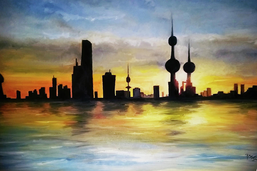 Kuwait city sunset from the bay Painting by Giuseppe Costantino Fine