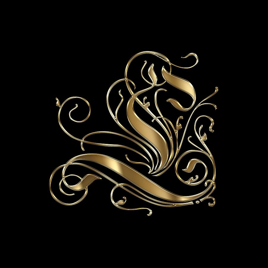 L Golden Ornamental Letter Typography Painting by Georgeta Blanaru
