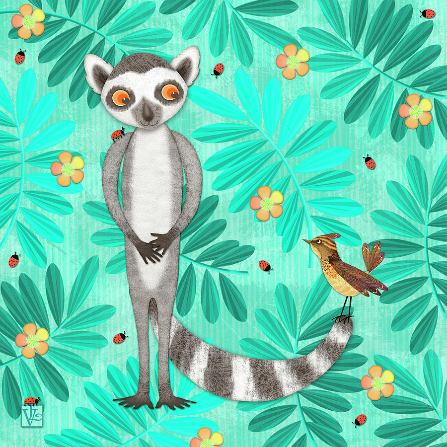 L is for Lemur and Lark Digital Art by Valerie Drake Lesiak
