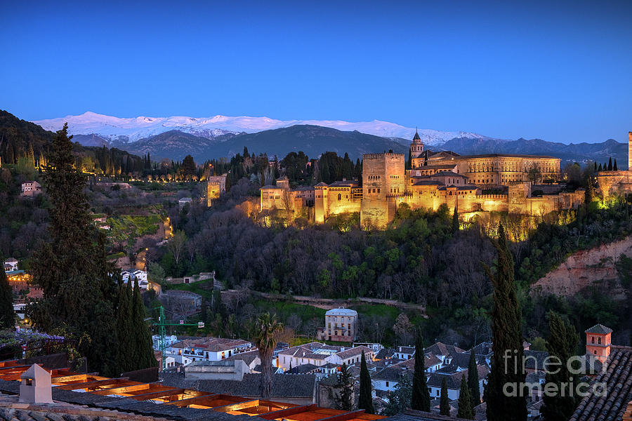 Architecture Photograph - La Alhambra, Sierra Nevada and Granada. Blue hour by Guido Montanes Castillo