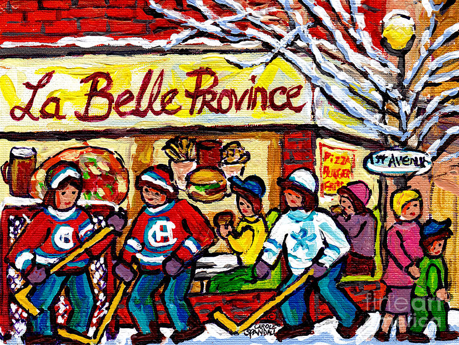 La Belle Province Verdun Montreal Restaurant Painting Hockey  Canadian Winter Scene Carole Spandau Painting by Carole Spandau