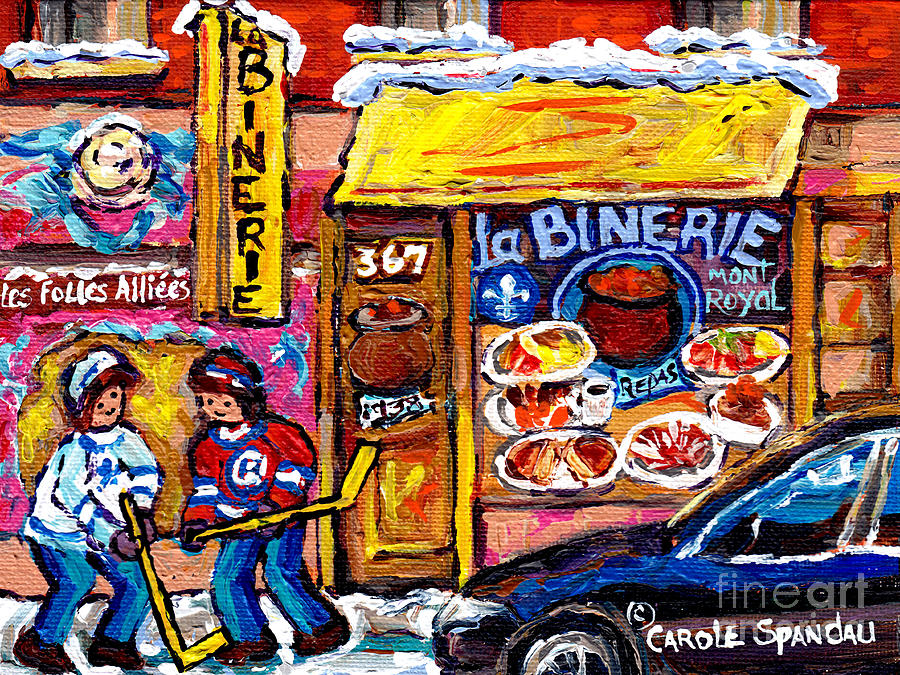 La Binerie Mont Royal Quebec Storefront Restaurant Winter  Montreal Scene Hockey Art Carole Spandau  Painting by Carole Spandau
