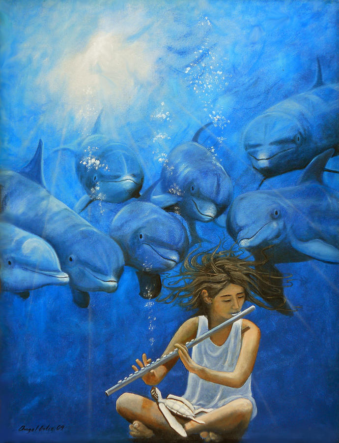 Dolphins Painting - La flautista by Angel Ortiz Dolphins Painting - La flautista by Angel Ortiz
