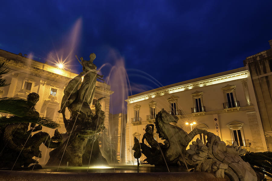 La Fontana di Diana - Syracuse Sicily Romantic Blue Hour Photograph by Georgia Mizuleva