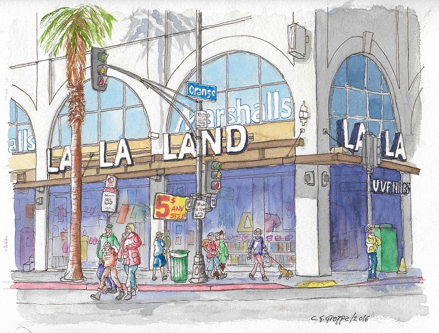 La La Land Painting - La La Land and Marshalls Stores in Hollywood Blvd., Hollywood, California by Carlos G Groppa