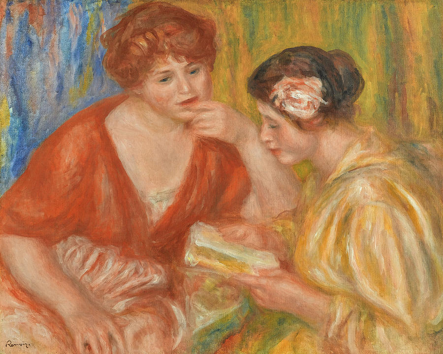 La lecture. Deux femmes aux corsages rouge et rose Painting by Pierre-Auguste Renoir