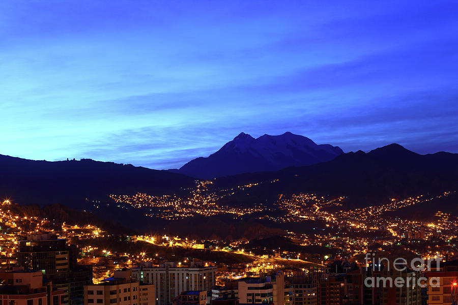 La Paz and Mt Illimani Before Sunrise Bolivia Photograph by James Brunker