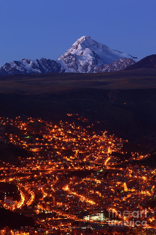 La Paz suburbs and Mt Huayna Potosi Photograph by James Brunker