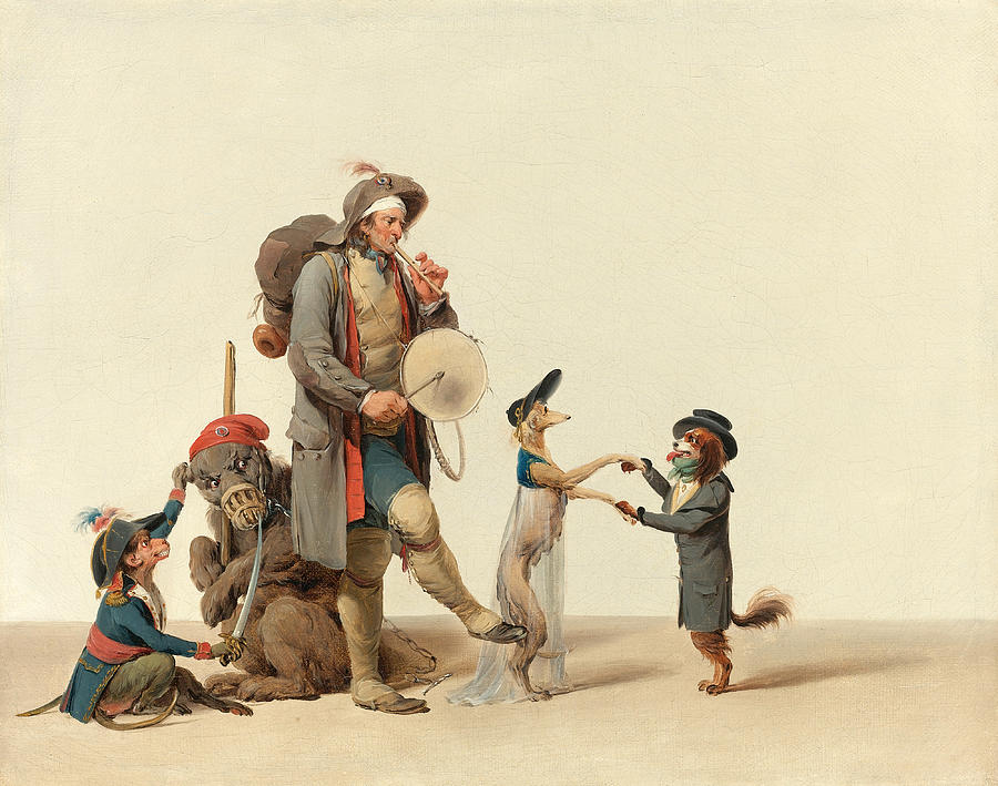 La piece curieuse. An animal trainer with dancing dogs a bear and monkey Painting by Louis Leopold Boilly
