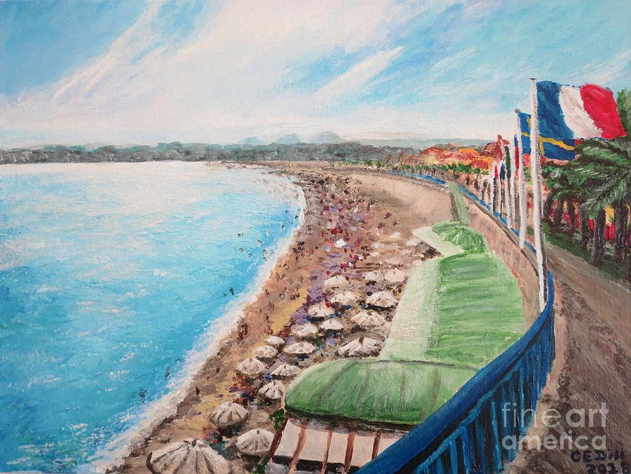 La Plage et Promenade des Anglais, Nice, France Painting by C E Dill