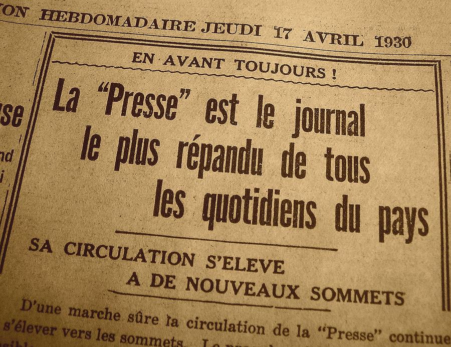 La Presse - 17 Avril 1930 Photograph by Juergen Weiss