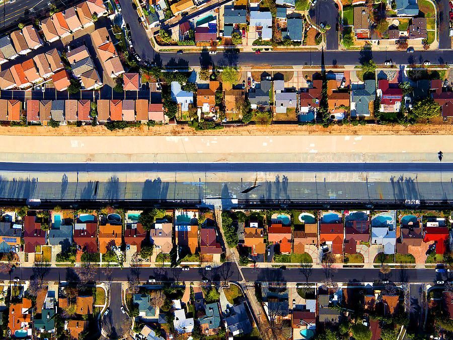 LA River Flowing Through Los Angeles Suburbs Towards the Pacific Ocean ...