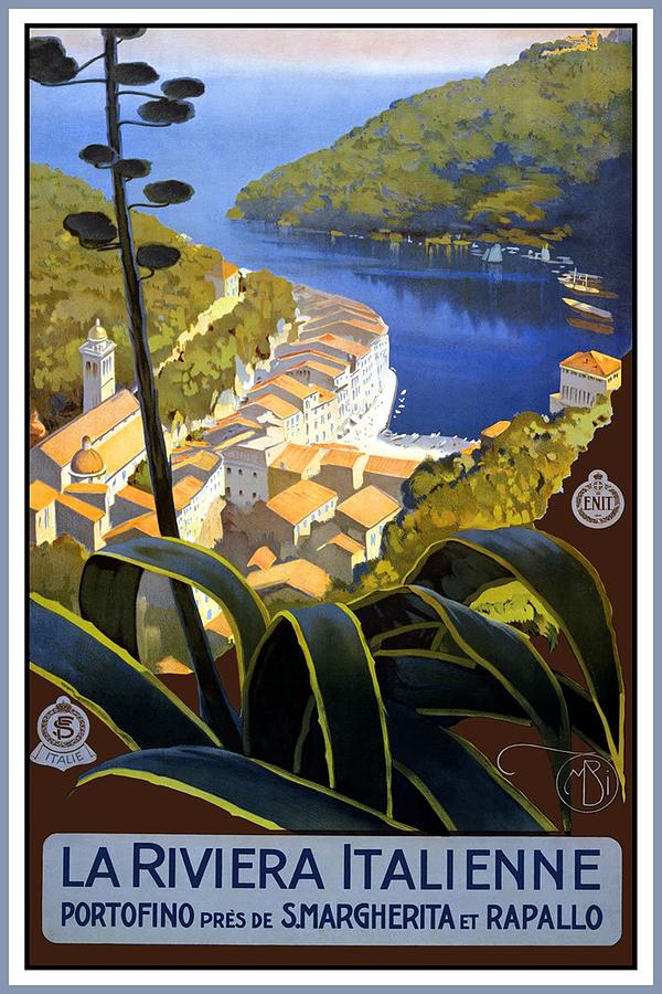 Mountain Painting - La Riviera Italienne - Beautiful Italian Landscape by a lake and mountains - Vintage Travel Poster by Studio Grafiikka
