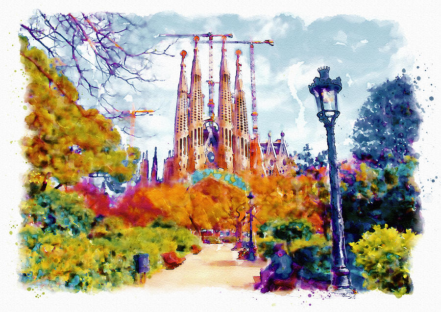 La Sagrada Familia - Park View Painting by Marian Voicu