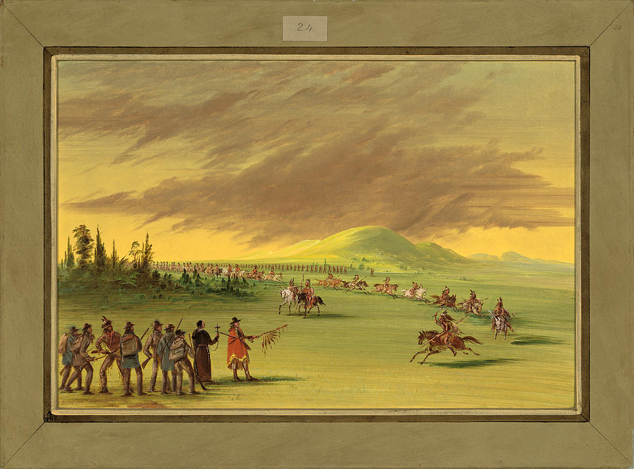 La Salle Meets a War Party of Cenis Indians on a Texas Prairie Painting by George Catlin