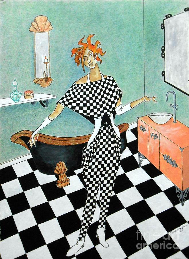 La Toilette -- Woman in Whimsical Art Deco Bathroom Painting by Jayne Somogy