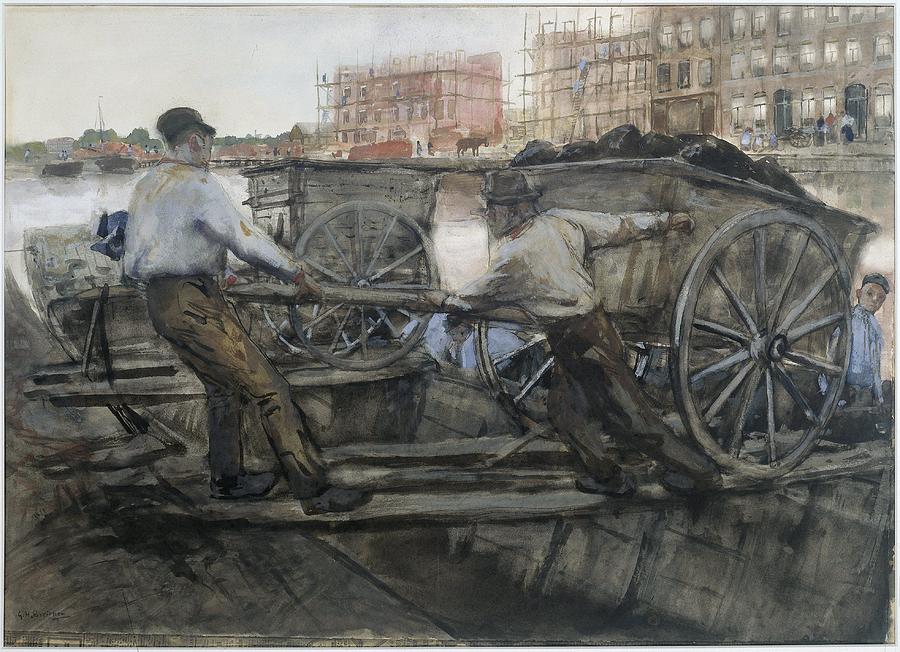 Labourers Pulling a Heavily Laden Cart on Jacob van Lennepkade, Amsterdam Painting by Vincent Monozlay
