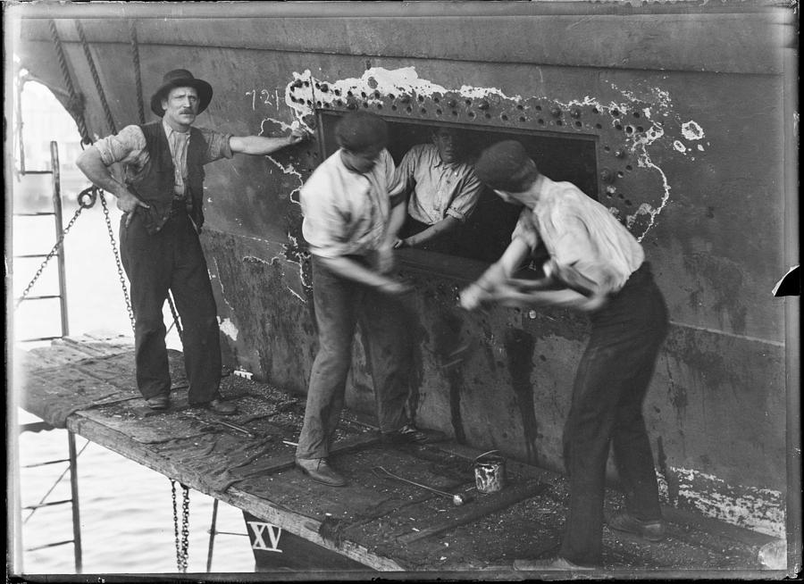 Labourers working on hull of ship, Hobart Wharves , Tasmania c1900s Painting by Celestial Images