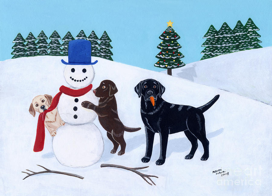 Labradors and Snowman Painting by Naomi Ochiai