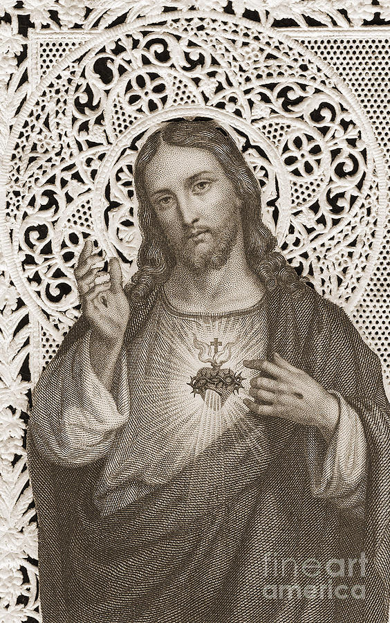 Jesus Christ Painting - Lace card depicting The Sacred Heart of Jesus by French School