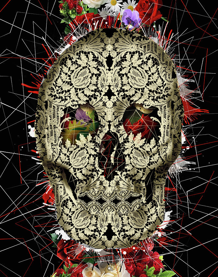 Lace Skull Floral Painting by Bekim M