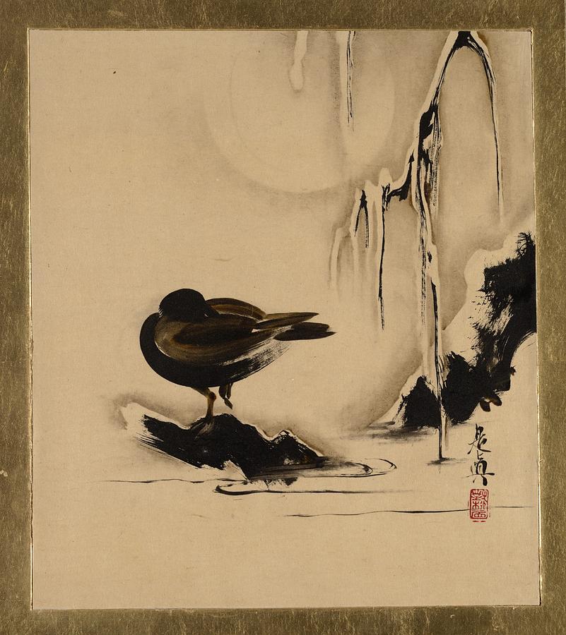 Lacquer Paintings of Various Subjects Bird and Willow in Snow Painting by Shibata Zeshin
