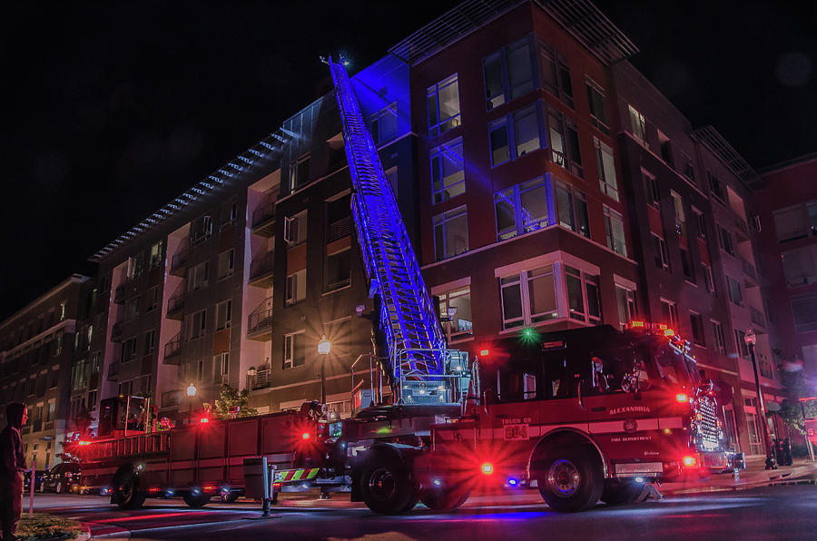 Ladder Truck Deployed at Night Photograph by Jeff at JSJ Photography