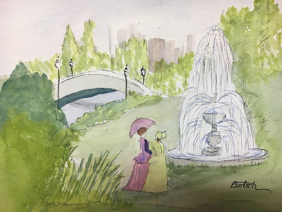 Ladies By Fountain Painting by David Bartsch