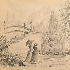 Ladies by the Fountain Drawing by David Bartsch