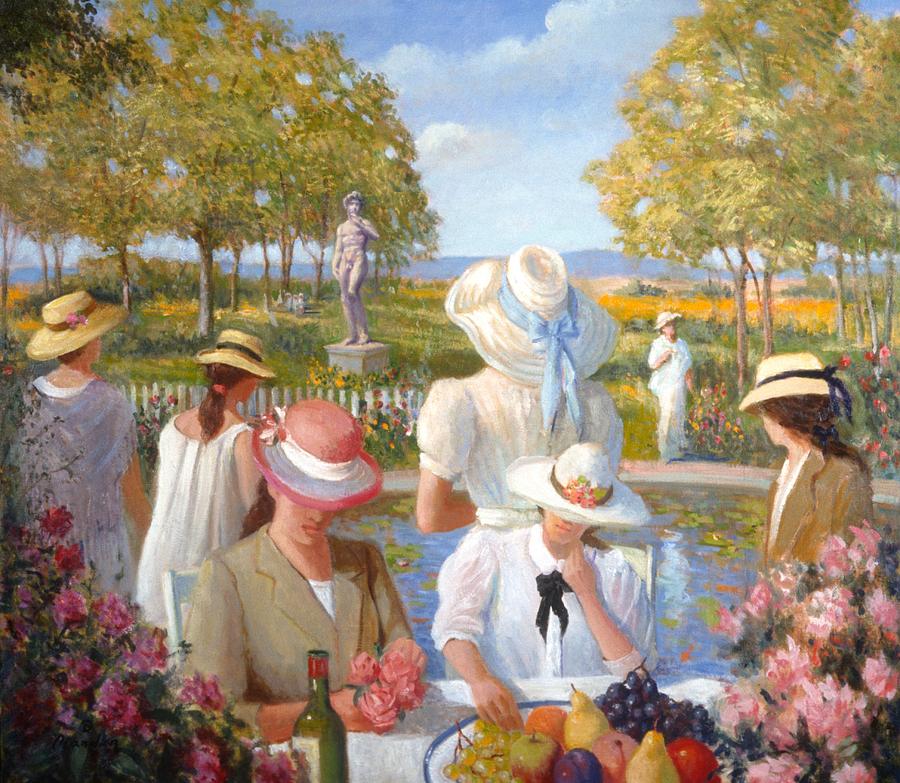 Ladies in the garden Painting by David Olander