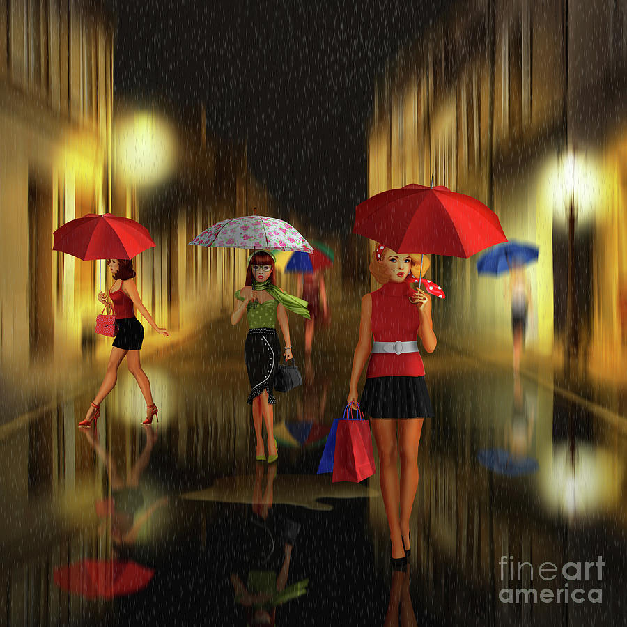 Ladies shopping night in the rain Digital Art by Monika Juengling - Pixels