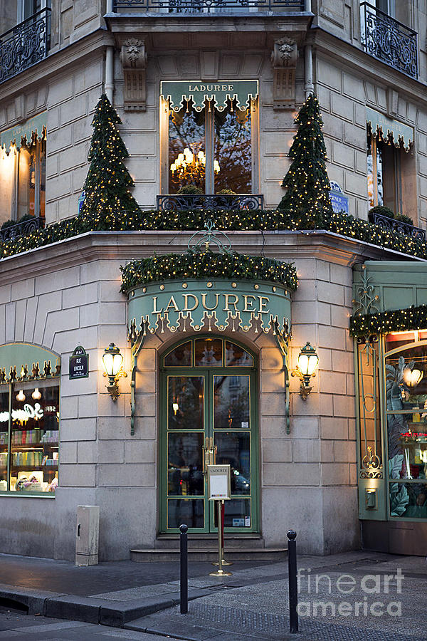 Paris Photograph - Paris Laduree Christmas Holiday Lights - Laduree Patisserie Christmas in Paris by Kathy Fornal
