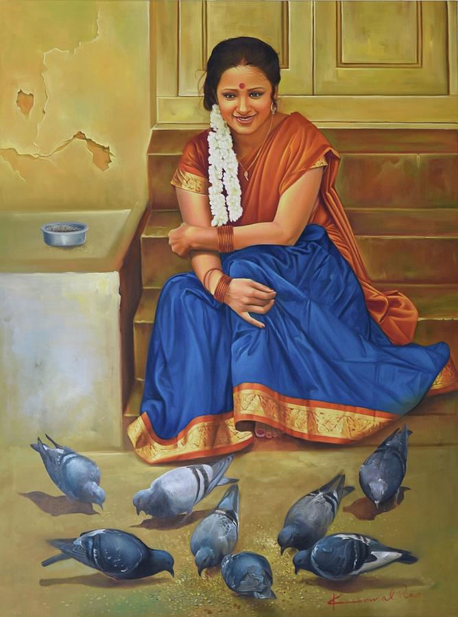 Lady And Pigeons Painting